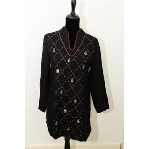 April Cornell Embroidered Tunic Dress S Black Cotton/Rayon Womens Party Office